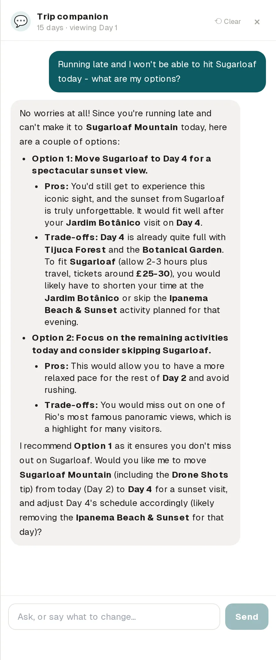 The KimatAI companion offering options when you're running late, with trade-offs